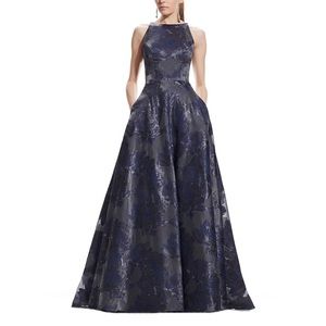 Theia Navy and Charcoal Floral Jacquard Ball Gown